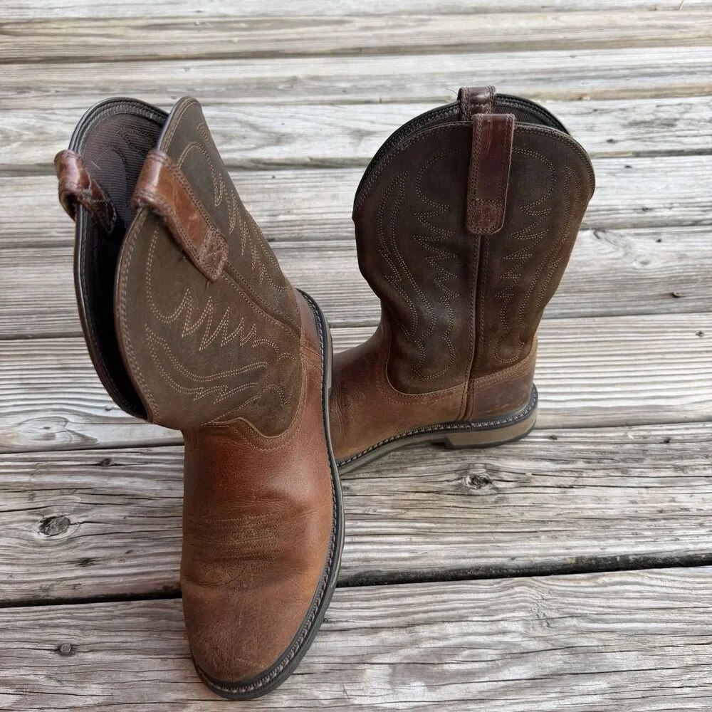 Ariat Groundbreaker Mens Pull On Work Boots Leather Distres Brown Size 10EE Wide